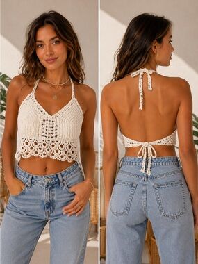 Crochet Halter Crop Top Boho Festival Beach Cover Up Cream OS